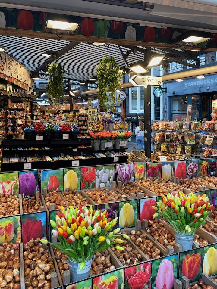 Etalage de tulipes au marché flottant aux fleurs Bloemenmarkt