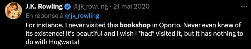 Tweet de JK Rowling sur la librairie de Porto