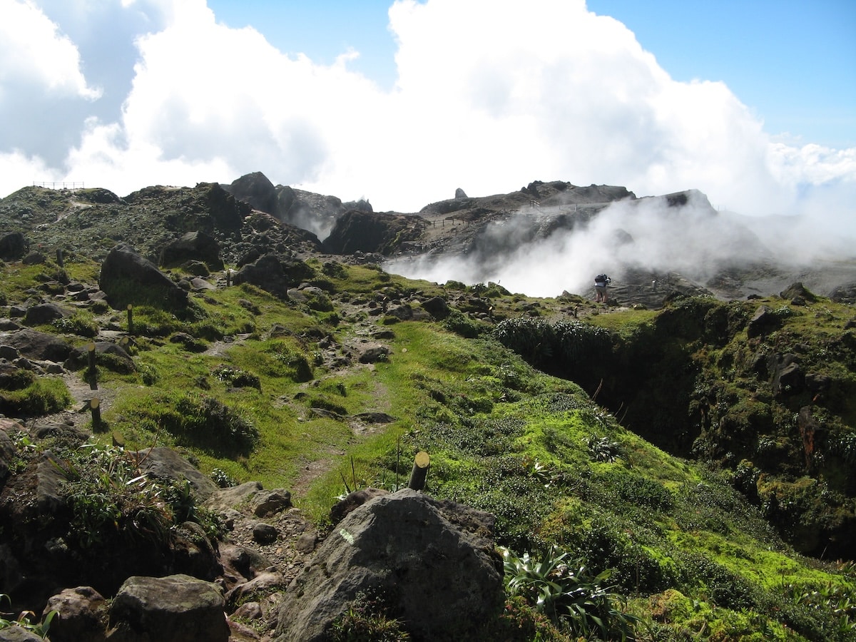 Fumerolles soufflées par le volcan Souffrière en Guadeloupe