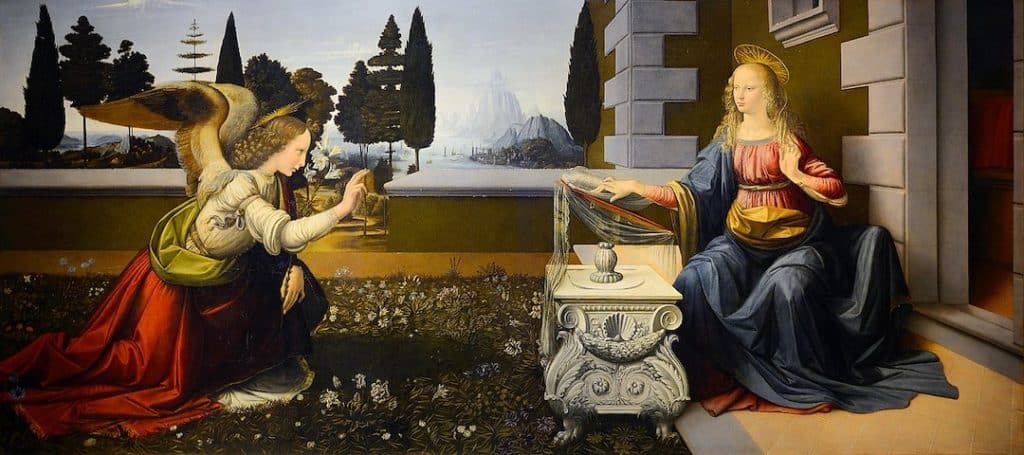 Tableau "l'Annonciation" de Leonardo de Vinci exposé à la Galerie des Offices à Florence